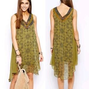 Free People Ancient Mystery Boho Festival Beaded Dress Green XS